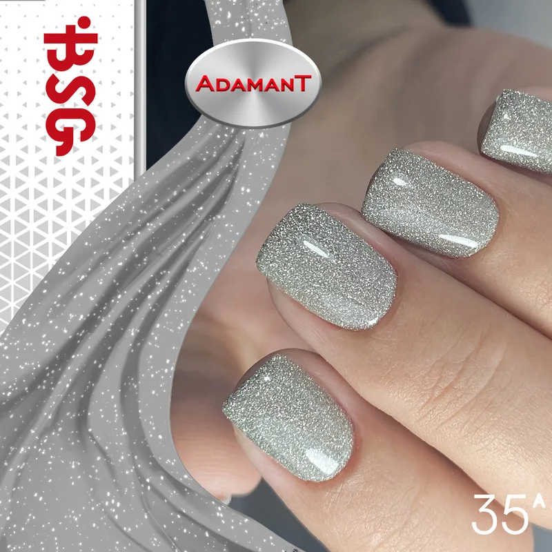 BSG цветной жесткий гельлак adamant №35а светлосерый с искрящимся светоотражающим глиттером 8 мл