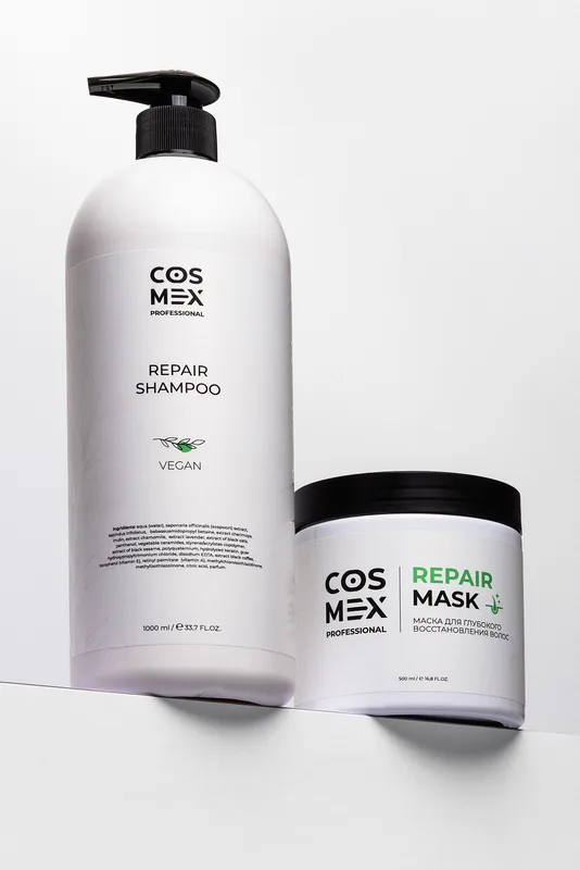 Набор Шампунь + Маска Cosmex Repair регенерация, витализация, восстановление волос 1500 мл