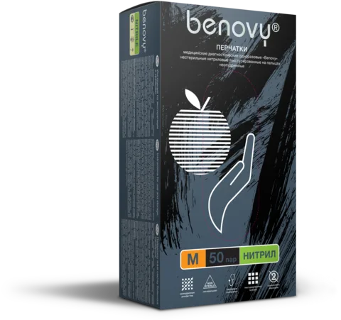 Перчатки BENOVY нитриловые текстурир. на пальцах Черные 3,5 гр M 50 пар/уп.