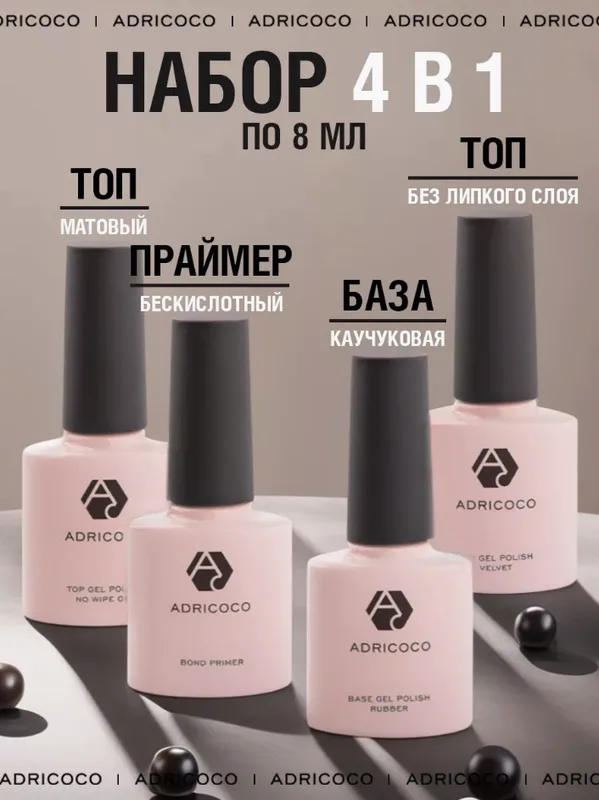 Комплект ADRICOCO для маникюра Праймер+База+Топ+Матовый топ